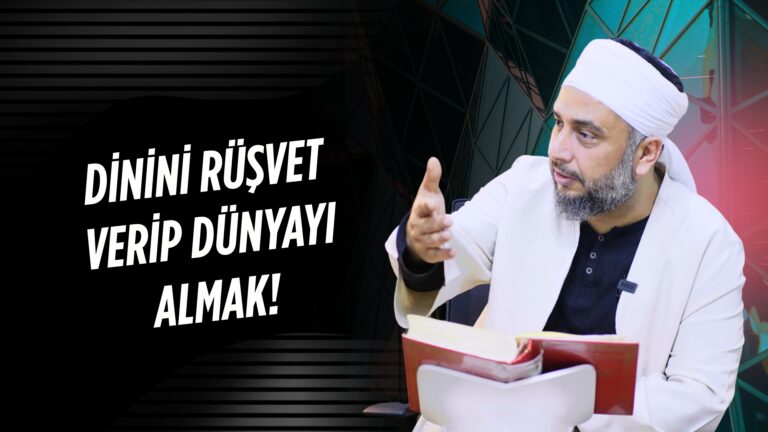 Bearded man in white robes and head covering speaks and gestures while holding a red book; bold Turkish text on a black background to the left.