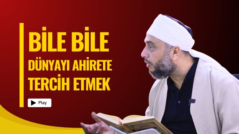 Man in a white turban reads a book on a red background; large yellow Turkish text about choosing the afterlife.