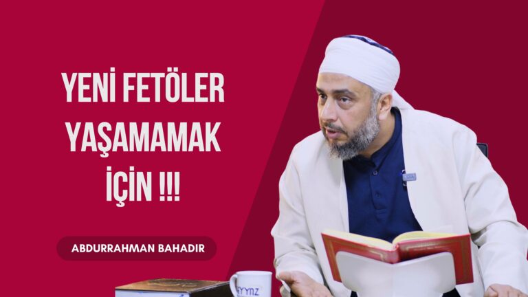 Promotional banner with a bearded man in white attire reading a red book on the right, maroon background and Turkish text promoting Abdurrahman Bahadır.