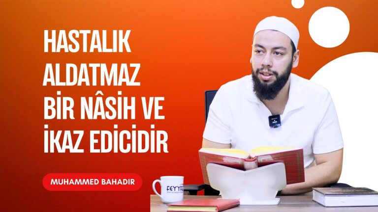 Bearded man in a white shirt reads from a Quran at a desk, with bold Turkish text on an orange gradient background and a red MUHAMMED BAHADIR badge.