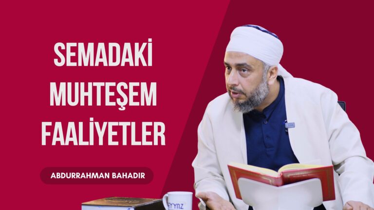 Promotional banner with a man in a white robe reading a book on the right; bold Turkish text on a maroon background.